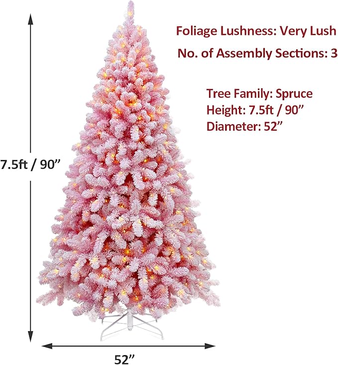 Christmas Tree 7.5 ft, Pink Prelit Christmas Tree with Lights, Flocked Christmas Trees Prelit with 10 Modes Colorful 400 Lights, Easy Assembly Artificial Christmas Trees with Fluffy Tips