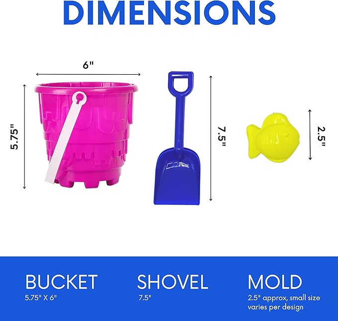 4E's Novelty 12 Sets Beach Toys - Includes 12 Sand Buckets, 12 Shovels, 24 Sand Molds for Kids - Small 5.75" Beach Buckets Bulk for Summer Party Favors, End of Year Student Gifts Toys