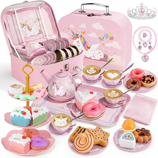 Tea Party Set for Little Girls, 49PCS Princess Tea Time Toys Including Teaset Dessert Carrying Case, Kids Pretend Play Kitchen Toys, Toddler Girl Birthday Gifts for 3-8 Year Old, Dream
