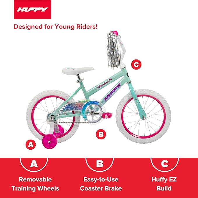 Huffy Illuminate Bike for Girls, 12/16/20 Inch Size Options, Ages 3+ Years Old, Removable Training Wheels (12" and 16" Only), Multiple Color Options, Easy Assembly, Streamers, Adjustable Seat, Durable