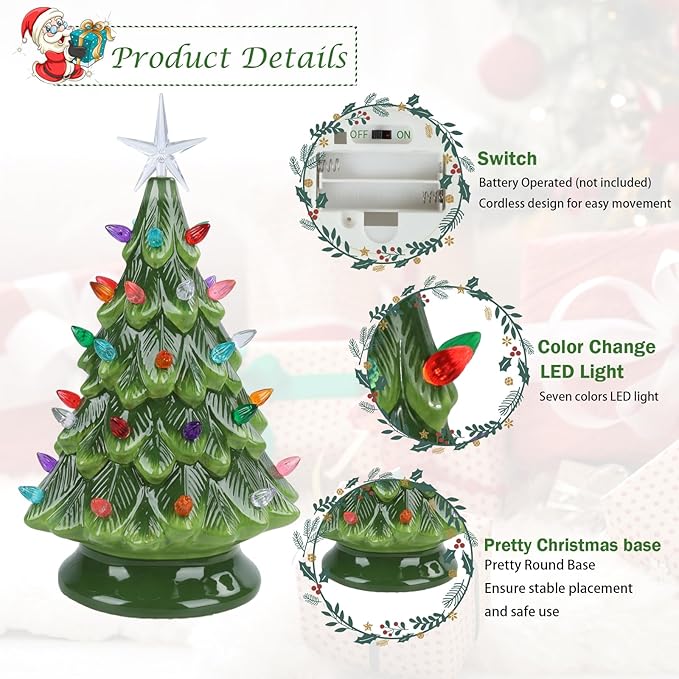 Small Ceramic Christmas Tree Hand-Painted Vintage Tabletop Green Christmas Tree Holiday Decoration with Multi-Color Lights 12.2 inch