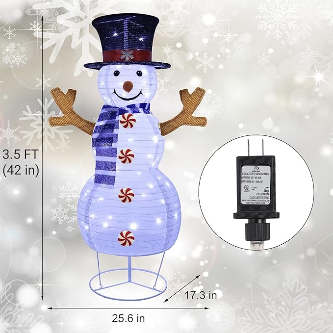 Juegoal Lighted Christmas Decorations, 3.5FT Outdoor 3D Collapsible White Snowman with Built-in LED Lights, Pre-Lit Pop Up Xmas Snowman, Light Up for Holiday New Year Winter Garden Decor