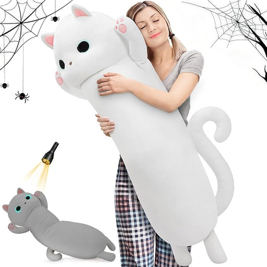 MaoGoLan Long Cat Plush Body Pillow, 44'' Giant White Glow in The Dark Cat Stuffed Animal Toy Gift for Girl Boy Kid, Big Cute Kitty Plush Throw Pillow for Halloween Christmas Decor