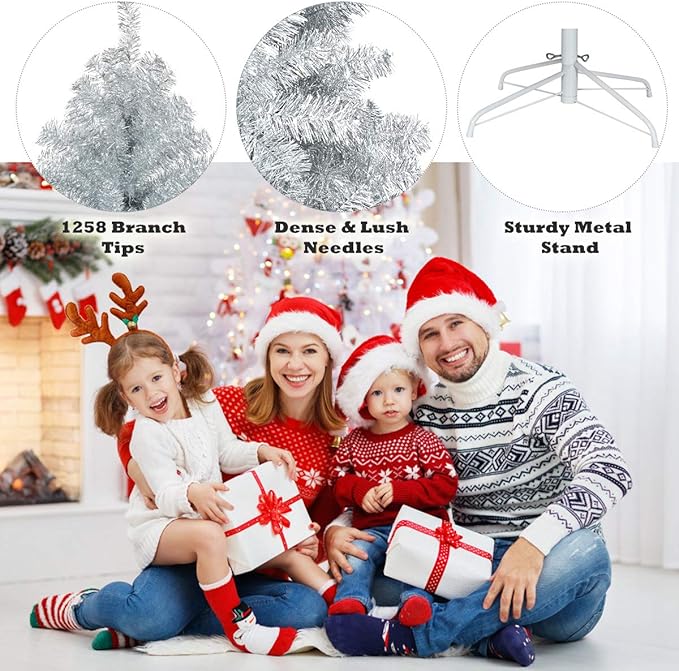 GOFLAME 7.5 FT Artificial Christmas Tree Hinged with 1258 Branch Tips, Silver Tinsel Christmas Tree with Metal Stand, Electroplated Technology for Indoor and Outdoor Holiday Decoration