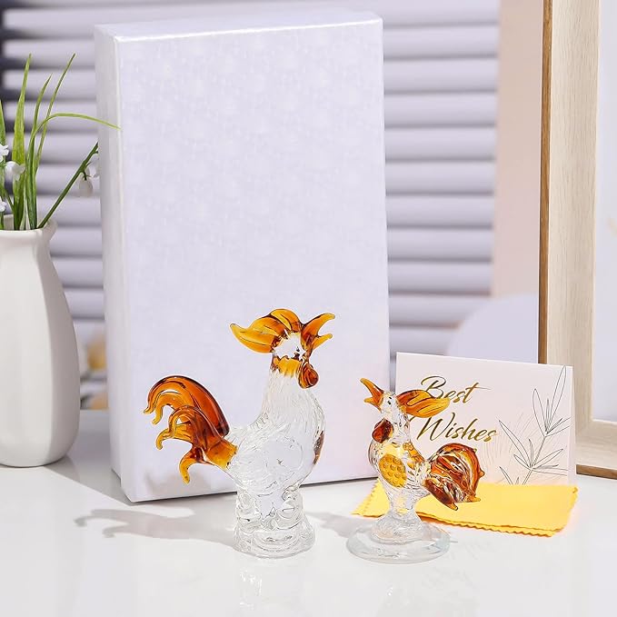 Movdyka 2pc Brown Crystal Chicken Rooster Figurine Table Art Sculpture Decor Hand Blown Glass Farm Animal Table Ornament Decoration Statue Rooster Gifts for Women