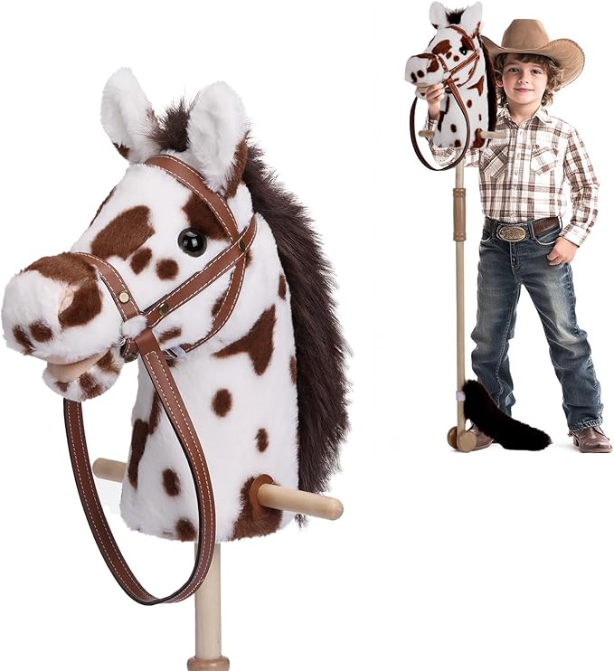 Stick Horse with Realistic Sound Effects, Hobby Horse, Wooden Pole, Handle, and Wheels, 38 Inch Tall Horse Toys Gift for Kids Toddlers 3 and Up, Black (AA Batteries Required)