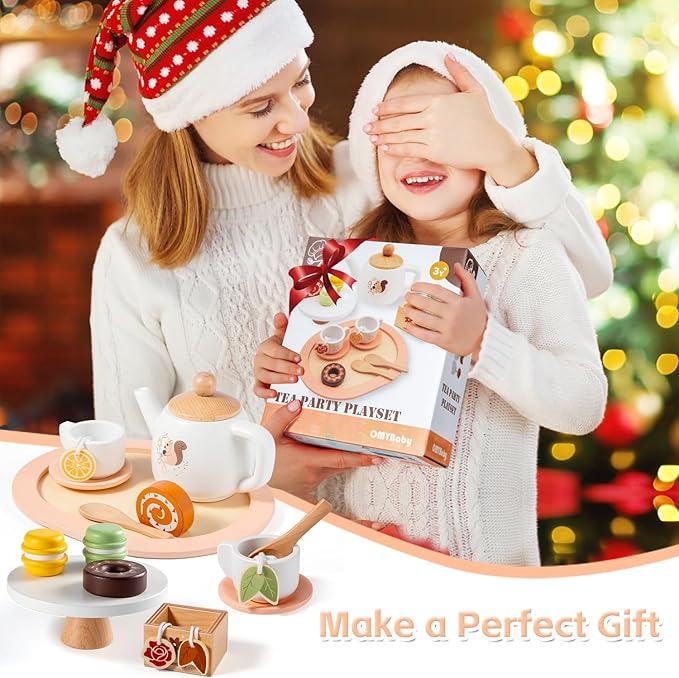 OMYBaby Wooden Tea Set for Little Girls, 19pcs Party Playset With Teapot, Cups, Dessert Stand, Macaroons, Cakes & Tray, Time Playset Pretend Play Kitchen Toys Gift for Girls & Toddlers 3Y+
