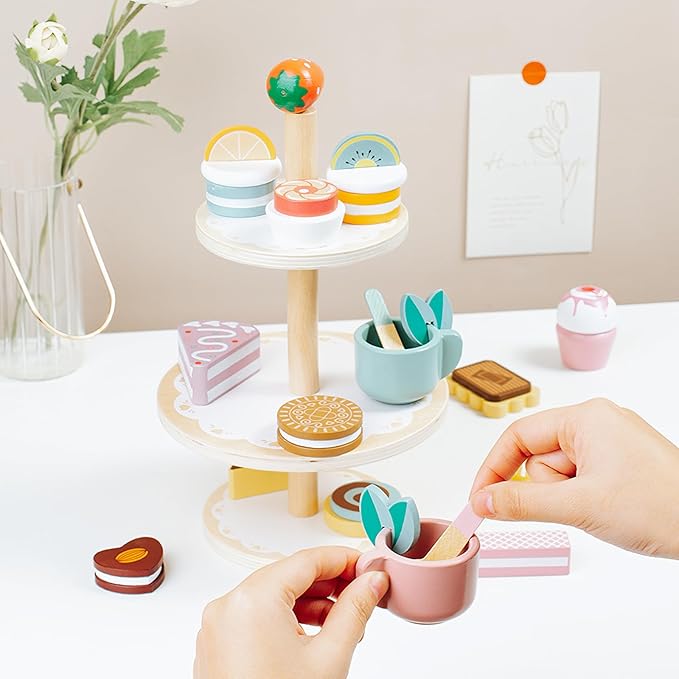 Wooden Dessert Cake Tea Party Set for Little Girls Toys, Pretend Play Kids Tea Set for Toddlers Wood Toys, Wooden Play Food Kitchen Accessories Sets for Kids (Dessert Tea)