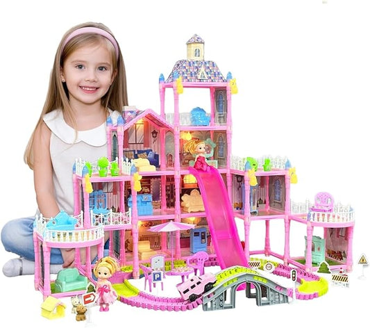 Dream Dollhouse, Racing Track, Dolls House playset with Toy Furniture and 4 Level Slide, Furniture, 1 Doll and 1 Buggy Toy and 10+ Tracks Pet and Puppy Play Area 13 Rooms