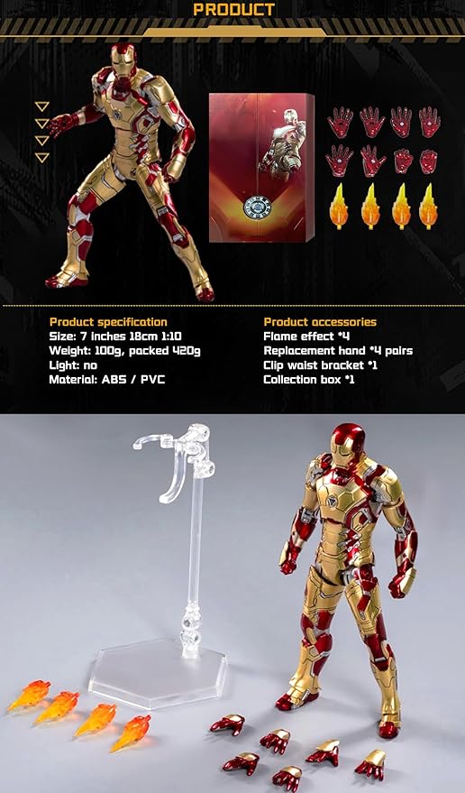 OVONNI 7 Inch MK42Ironman(1/10 Scale) Action Figure,Exquisite Painting Collectible Figure with Lots of Accessories
