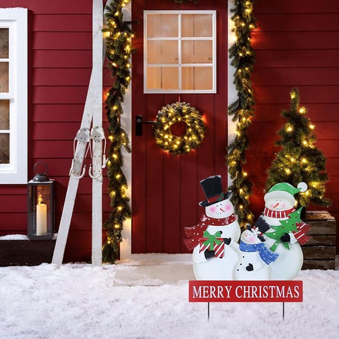 YEAHOME Outdoor Christmas Decorations, 3 Snowman Family Metal Decorative Garden Stakes for Outdoor Yard, Merry Christmas Yard Signs for Outside Garden Lawn Porch Pathway Xmas Decorations