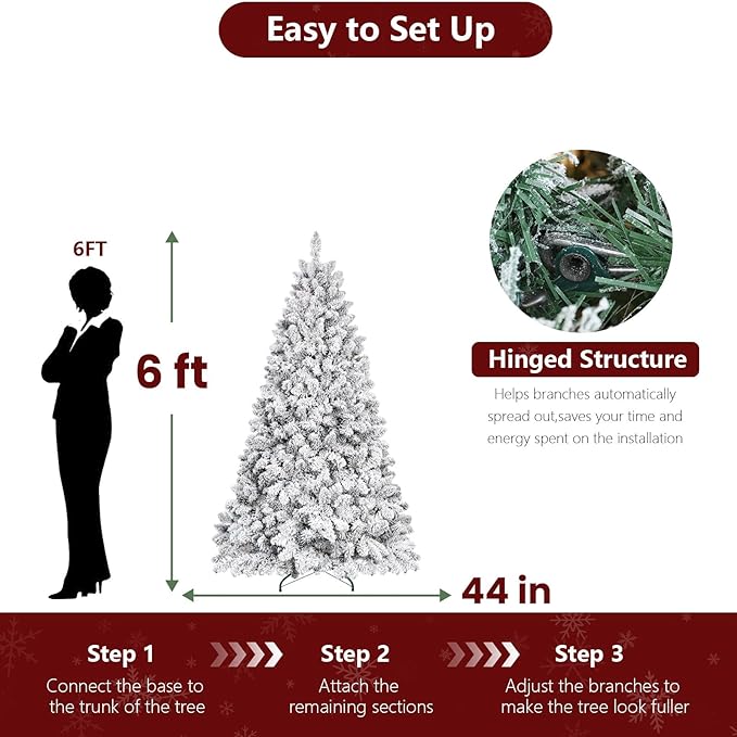 6ft Unlit Snow Flocked Christmas Tree, Artificial Christmas Tree with Pine Cones,888 Branch Tips, Premium Spruce Full Xmas Tree for Easy Holiday Setup, Foldable Metal Base