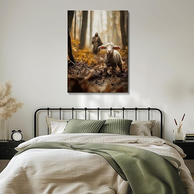 AbcCustomize Jesus Running After Lost Lamb Christian Wall Decor, Religious Wall Decor for Home, Jesus Wall Art Canvas Prints Ready to Hang, Inspirational Christian Art for Prayer Room, Baptism Gift