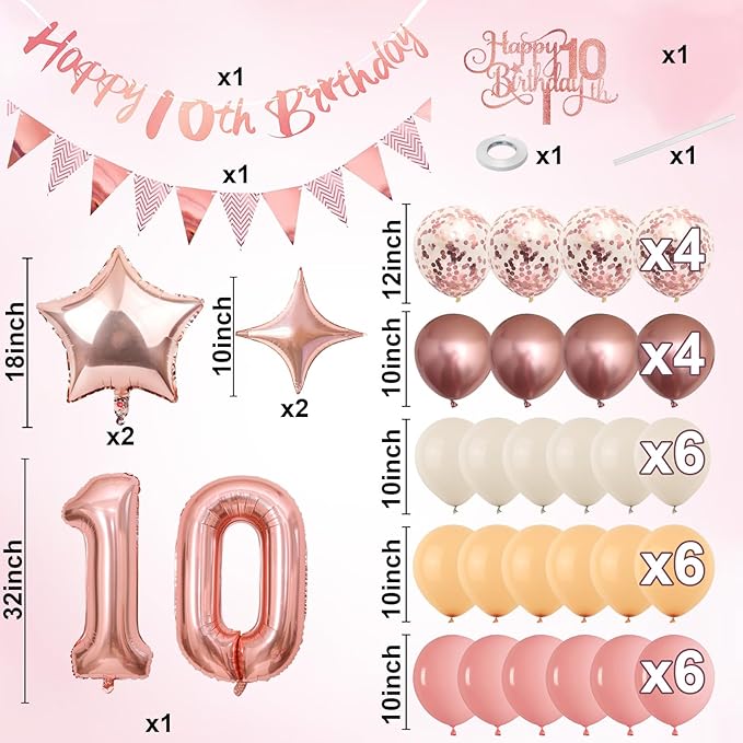 10th Birthday Decorations for Girls, Retro Pink Double Digits 10 Balloon Set Happy 10th Birthday Banner Cake Topper Dusty Pink Nude Confetti Star Balloons for Boho 10 Year Old Bday Party Decoration