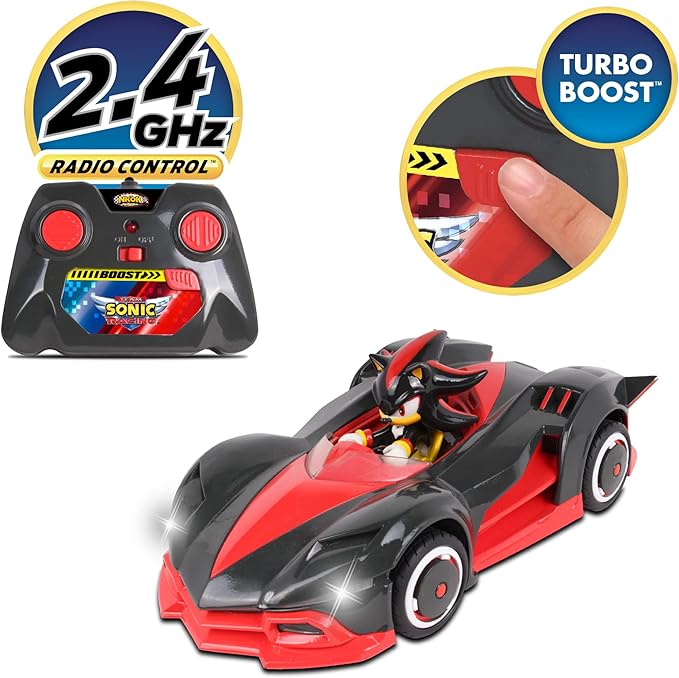 NKOK Team Sonic Racing 2.4GHz Radio Control Toy Car with Turbo Boost - Shadow The Hedgehog 602, Red, Turbo Boost Feature, Features Working Lights, for Ages 6 and up