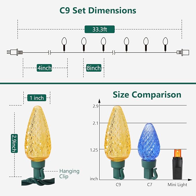 2-Set C9 LED Christmas String Lights, 33.3ft 50 LED Waterproof Decorative Light Strand, Extendable Green Wire String Lights for House, Christmas Tree, Patio, Party Decoration, Multicolor