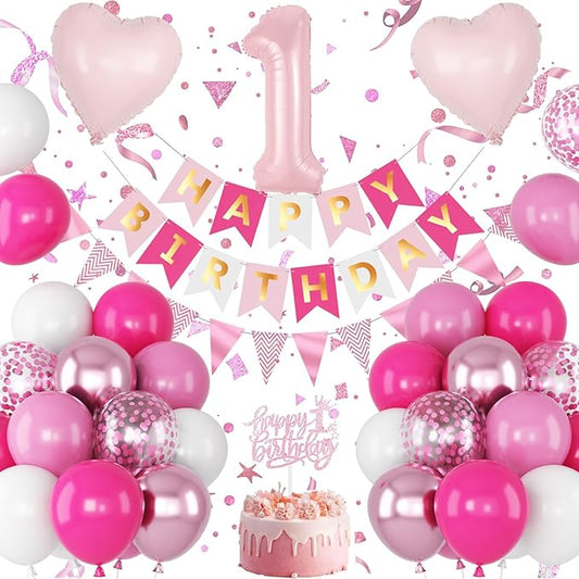 1st Birthday Decorations Girls, Pink First Birthday Balloon Set Hot Light Pink White Confetti Balloons Number 1 Balloon Heart Bday Banner Cake Topper for Baby Girl Princess 1 Year Old Bday Party Decor