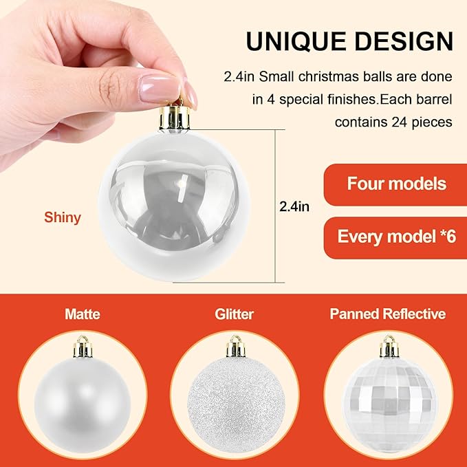 2.36" Christmas Balls Christmas Tree Ornaments Shatterproof Plastic Holiday Ornament Festival Hanging Ball Holiday Decorations Set of 24pcs