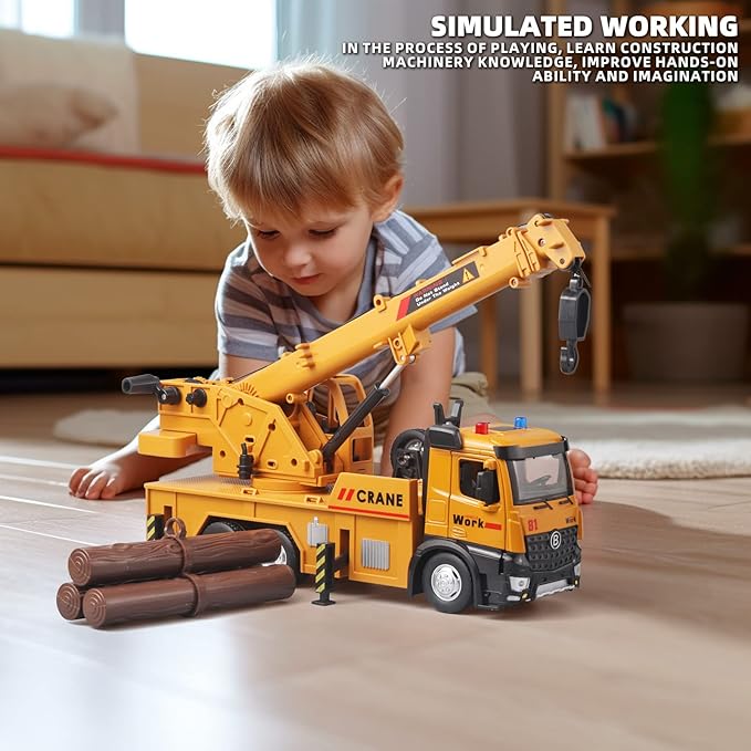 Children Crane Toy Metal DieCast Crane Model，Construction Truck Toys with Simulated Sounds and Lights，Suitable for Ages 3 and Up Toy Crane for Boys