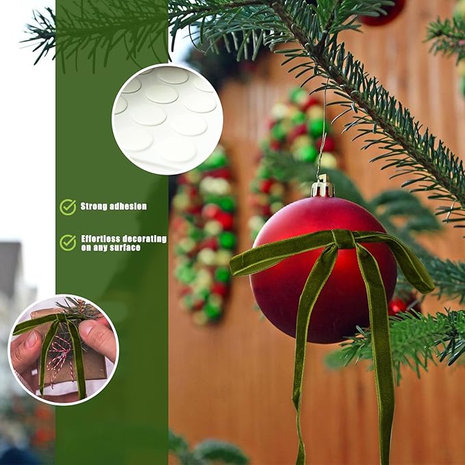 Velvet Bows for Christmas Tree, Vintage Velvet Ribbon Christmas Tree Bows with 50pcs Adhesive Dots 49ft Metal Tie, Ribbon Bows for Wreaths, Indoor Mantel, Gift Wrapping Decor - OliveGreen