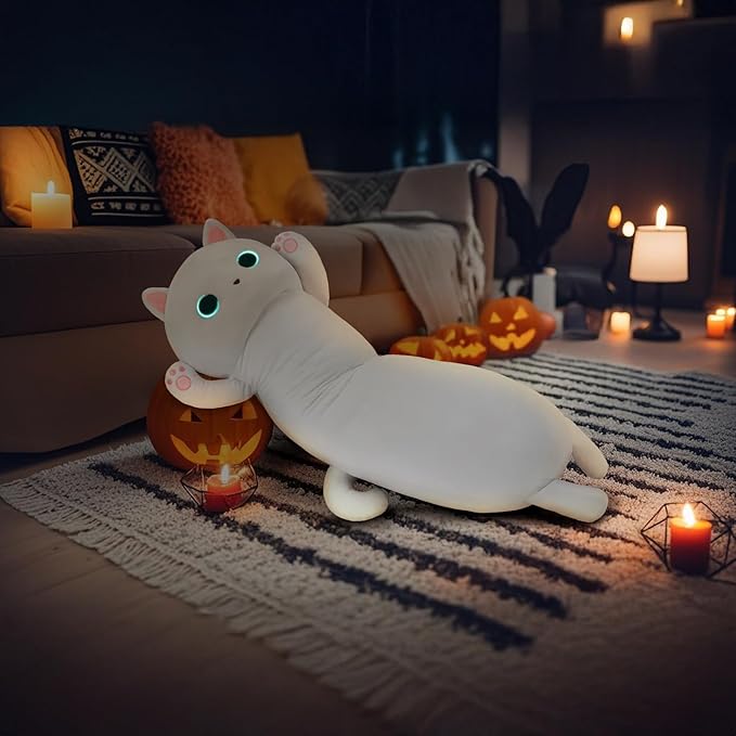 MaoGoLan Long Cat Plush Body Pillow, 44'' Giant White Glow in The Dark Cat Stuffed Animal Toy Gift for Girl Boy Kid, Big Cute Kitty Plush Throw Pillow for Halloween Christmas Decor