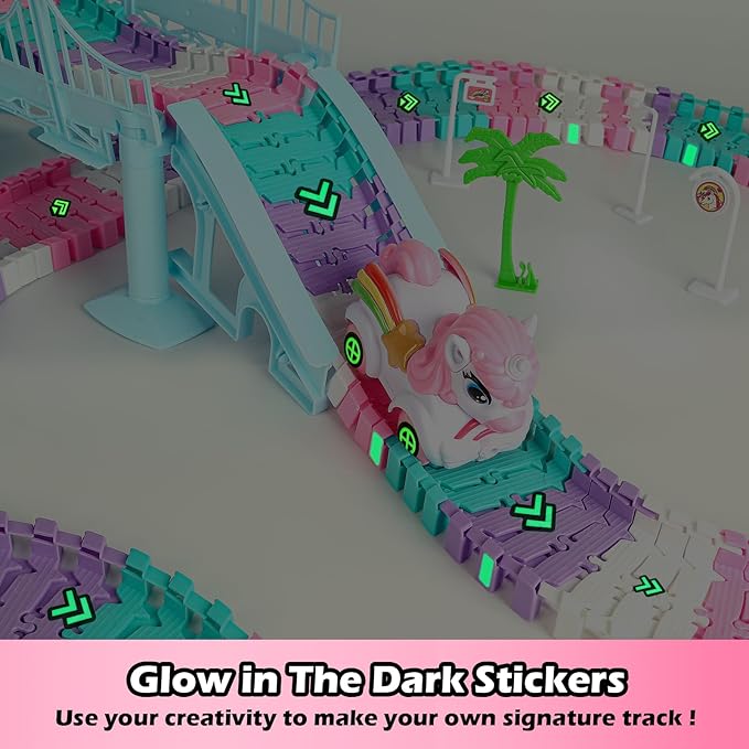 268 PCS Unicorn Race Tracks for Kids Toys, Glow in The Dark Magic Toy Set, 2 Unicorn Cars Track, Flexible DIY Track Set, Birthday Gift for Age 3-9 Boys Toddler Girls