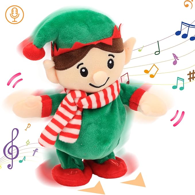 Hopearl Talking Singing Elf Repeats What You Say Walking Electric Interactive Animated Toy Speaking Plush Buddy Gift for Toddlers, Green, 8.5''