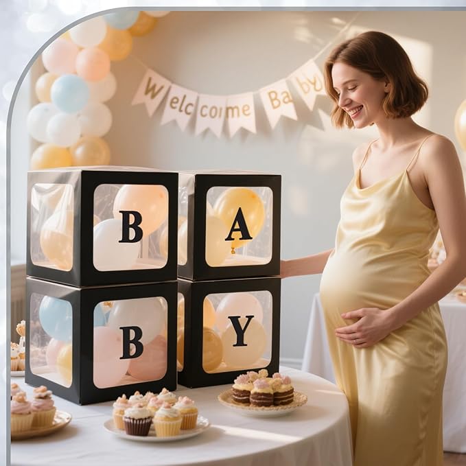 Ledido Baby Boxes with Letters for Baby Shower Decorations, 4 pcs Clear Baby Balloon Boxes Blocks for Baby Shower Decor with Letters for Boy Girl Gender Reveal Decorations Backdrop Party (Black)