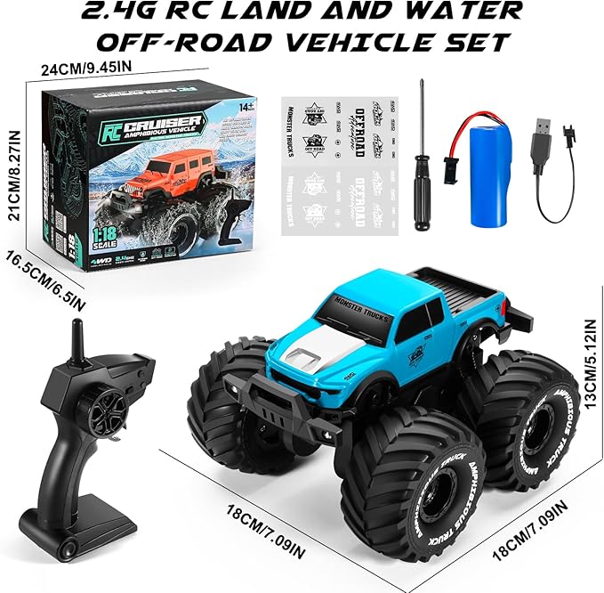 1:18 Scale Amphibious LED RC Car ，2.4GHz All 20 Km/h Off Road Terrain Remote Control Drift Truck, Waterproof Truck for 8+ Year Old Boys Girls Kids Gifts (Blue)
