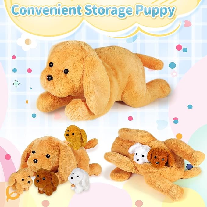 KMUYSL Puppy Stuffed Animals Toys for Ages 0 1 2 3 4 5 6 7 8+ Years Old Kids - Mommy Dog with 4 Baby Puppies in Her Tummy, Idea Xmas Birthday Gifts for Baby, Toddler, Girls, Boys