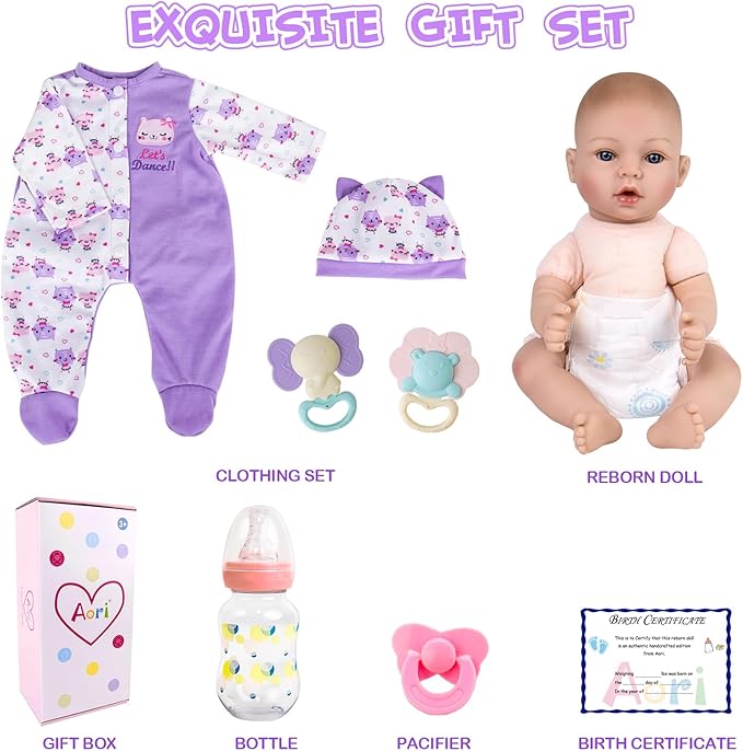 Aori Lifelike Reborn Baby Dolls Girl - Realistic 18-Inch Newborn Baby Doll, Nice Gift Set for Kids, Parents-to-be, Grandparents, Purple Clothes