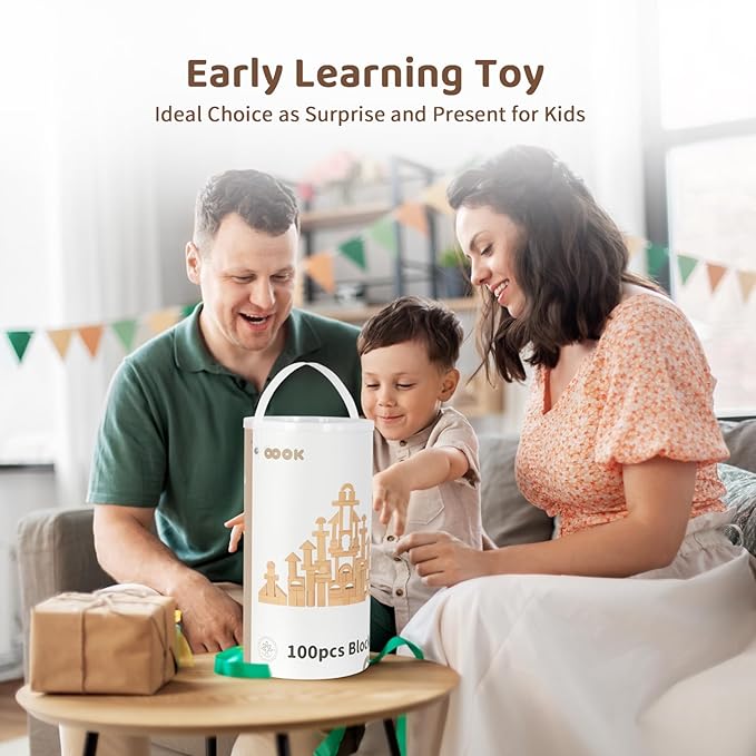Natural Beech Wood Building Blocks for Toddlers 1-3, 100pcs Kids Wooden Blocks with Storage Bucket and Shape Sorter Lid, Preschool Learning Toys for Boys and Girls