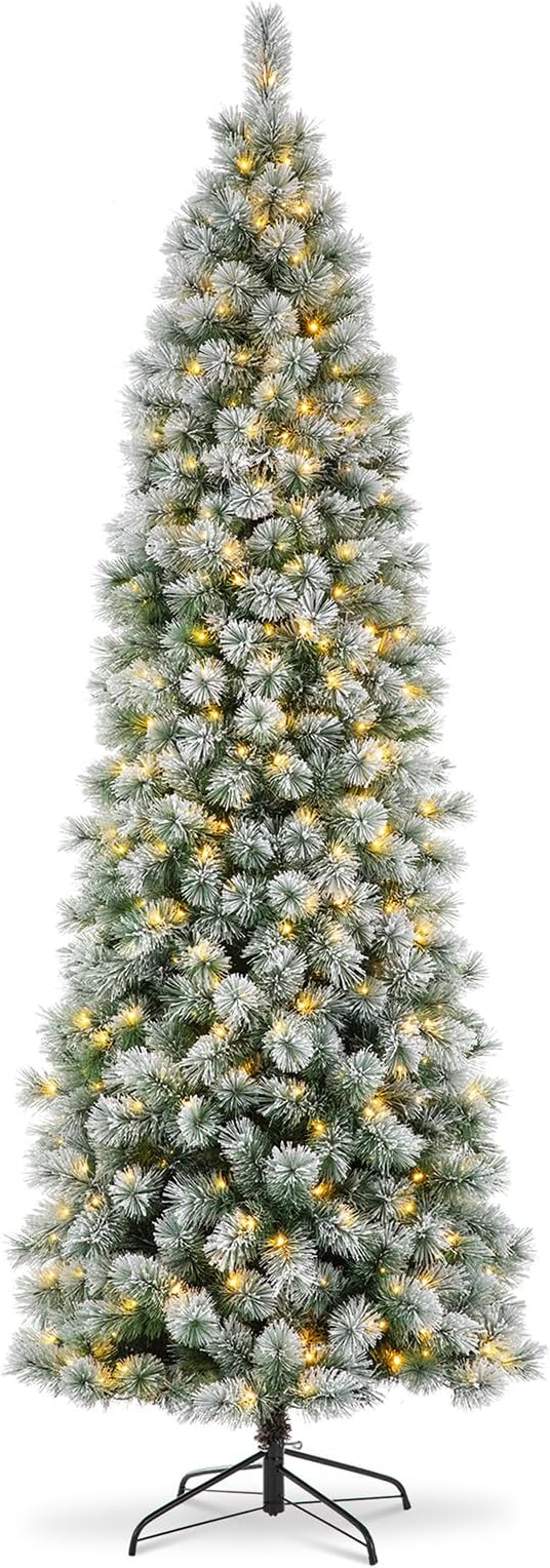 Glitzhome 9ft Prelit Christmas Tree, Flocked Pencil Artificial Christmas Tree with 500 Warm White Lights, Pine Christmas Trees w/Foldable Metal Stand for Home, Office, Party Decoration, Easy Assembly