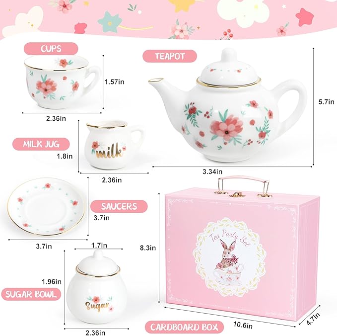 Porcelain Tea Set for Girls, Tea Party Set for Little Girls, Kids Tea Set Kitchen Pretend Play, Princess Tea Time Playset with Ceramic Teapot Cups Carry Case, Toddler Girl Toys Birthday Gifts Age 3+