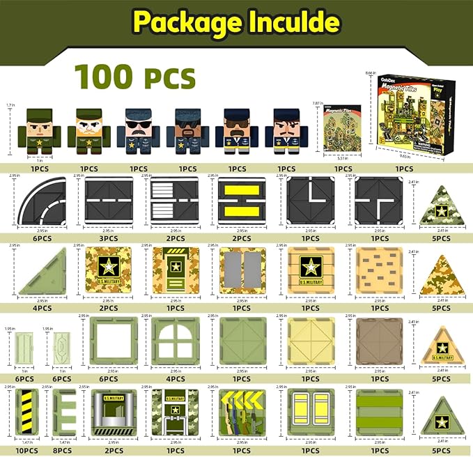 GobiDex 100PCS Army Magnetic Tiles Road Set, Military Magnetic Building Blocks with Toy Soldiers, STEM Construction Toys for Kids Ages 3-5 4-8, Christmas Birthday Gifts for 3+ Year Old Boys Girls