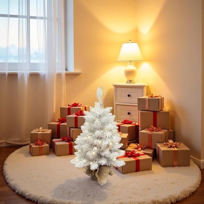 Pre-Lit White Christmas Tree, 2ft Christmas Tree with 50 Led Warm Lights, Artificial Christmas Tree with 72 Branch Tips, Battery Operated Small Xmas Tree for Table Desk Best Holiday Home Decorations