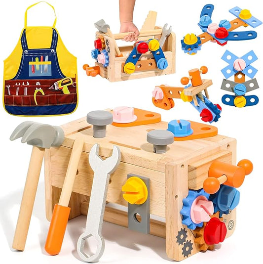 TONZE Kids Tool Set with Apron, Wooden Toddler Tool Bench Montessori Toys for 2+Year Old 39 PCS Educational STEM Construction Toys for Ages 2-4 Pretend Play Toddler Toys 3 4 5 Year Old Birthday Gift