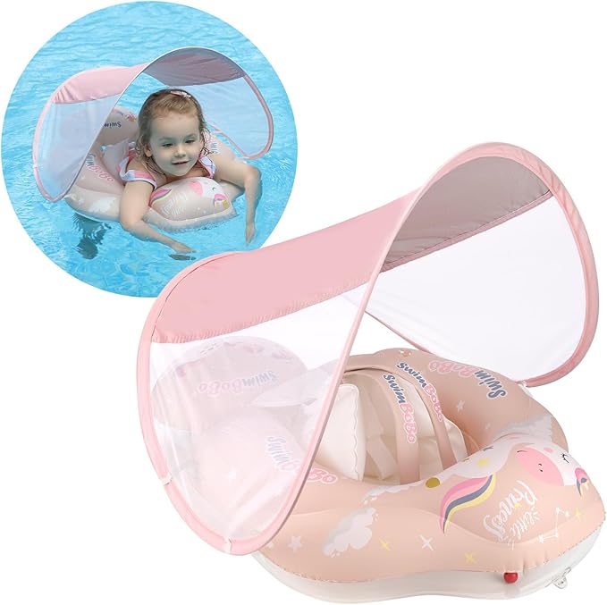 Free Swimming Baby Infant Pool Float with Sun Canopy Inflatable Baby Swimming Floatie with Sponge Safety Bottom Support Water Toys Swimming Trainer (Pink, Large)