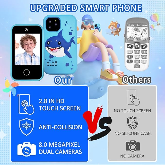 Kids Smart Phone, Shark Toys Phone for Boys 3-12 , Dual Camera, 2.8'' Touchscreen Kid Phones, Educational Toy for Toddler Kids Christmas Birthday Gifts, ABC Learning, Habit Tracker 32 GB Card Blue