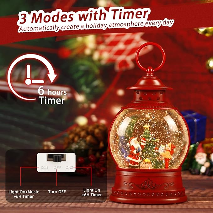 Christmas Snow Globe, Santa Lighted Snow Globes Lantern, 6H Timer, Battery & USB Operated Christmas Tree Snow Globe Lantern, Musical Spinning and Swirling Glitter Christmas Decorations Gifts