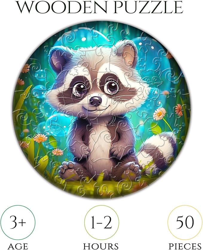 Christmas Birthday Gifts for Kids Girls Boys, Wooden Jigsaw Puzzles for Kids Ages 4-6, 50 Piece Unique Shape Animal Theme Puzzle - Preschool Learning Educational Toys for Kid 3+ (Raccoon)