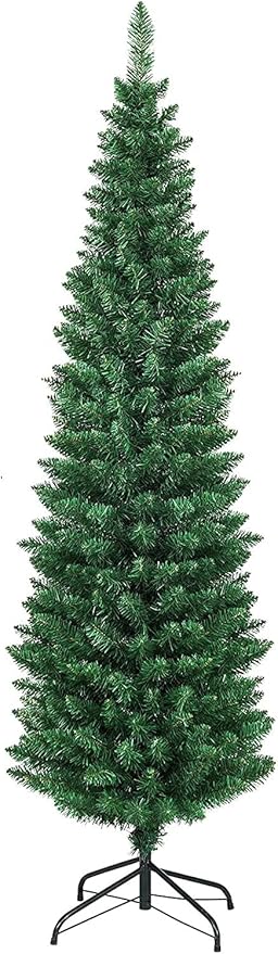 HAPPYGRILL 6FT Pencil Christmas Tree Slim Xmas Tree for Home Outdoor Decoration Unlit Artificial Christmas Tree with Foldable Metal Stand PVC Material