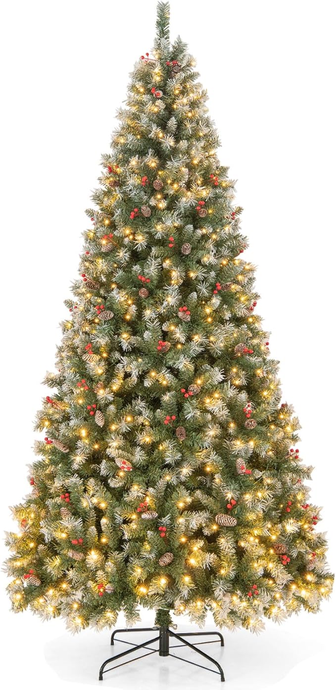Goplus 9ft Pre-Lit Christmas Tree, Artificial Hinged Xmas Tree with 650 Warm-White LED Lights, 8 Lighting Modes, 1740 Branch Tips, Red Berries & Pinecones, for Holiday Party Office Home Decor