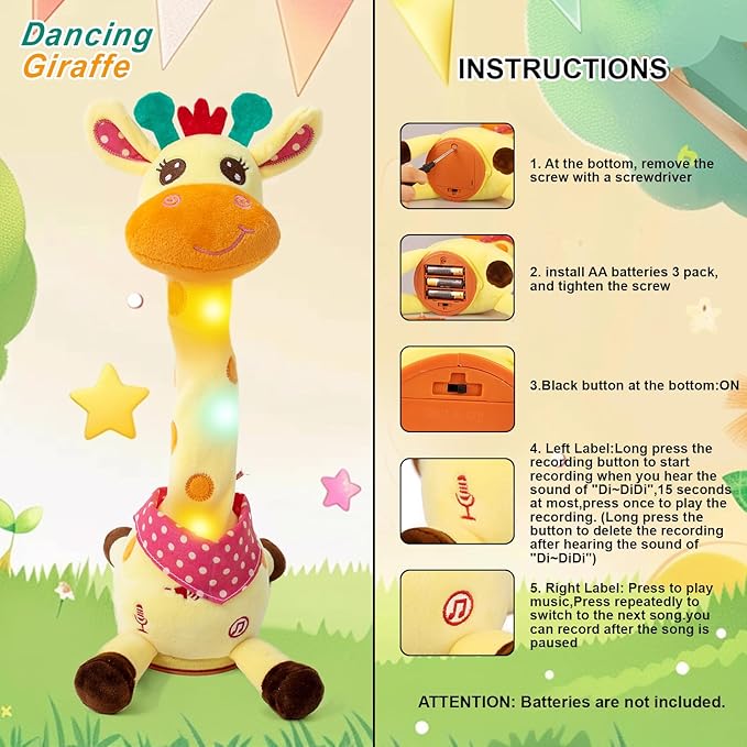 Emoin Dancing Talking Giraffe Baby Toy, Adjustable Volume Baby Giraffe Toys Singing 10 Children's Songs Singing Mimicking Recording Repeating What You Say for Toddlers