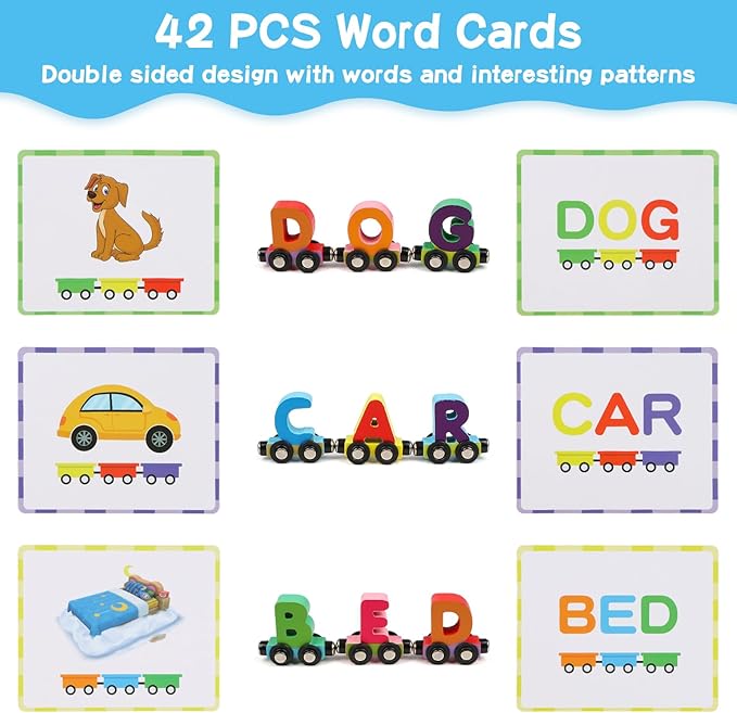 Wondertoys Wooden Alphabet Train Toy 27 PCS Magnetic Alphabet ABC Letter Train Set Includes 42 PCS Flash Cards, 1 Engine and 1 Storage Box for Toddlers Kids Boys and Girls