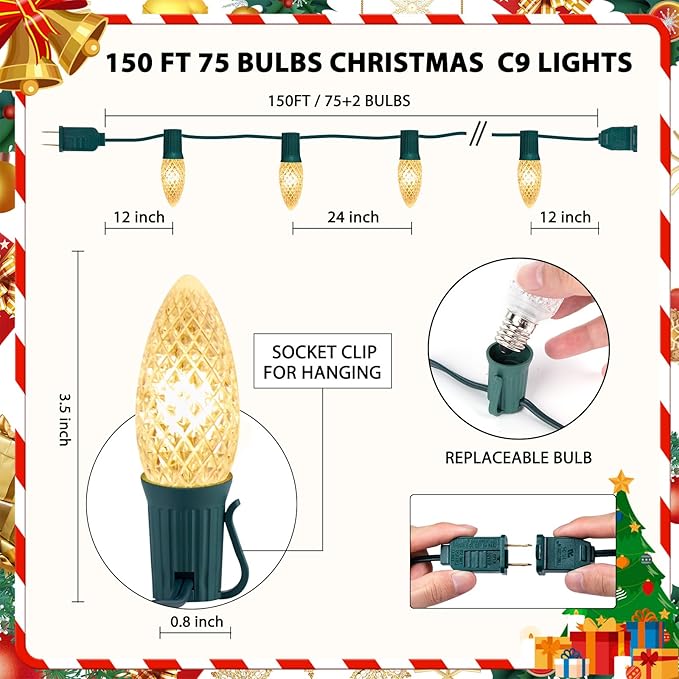 Minetom C9 LED Commercial Outdoor Christmas Lights – 150 FT Heavy Duty Christmas String Lights, Waterproof Connectable UL Certified Warm White C9 Lights for Indoor Roofline Xmas Decor