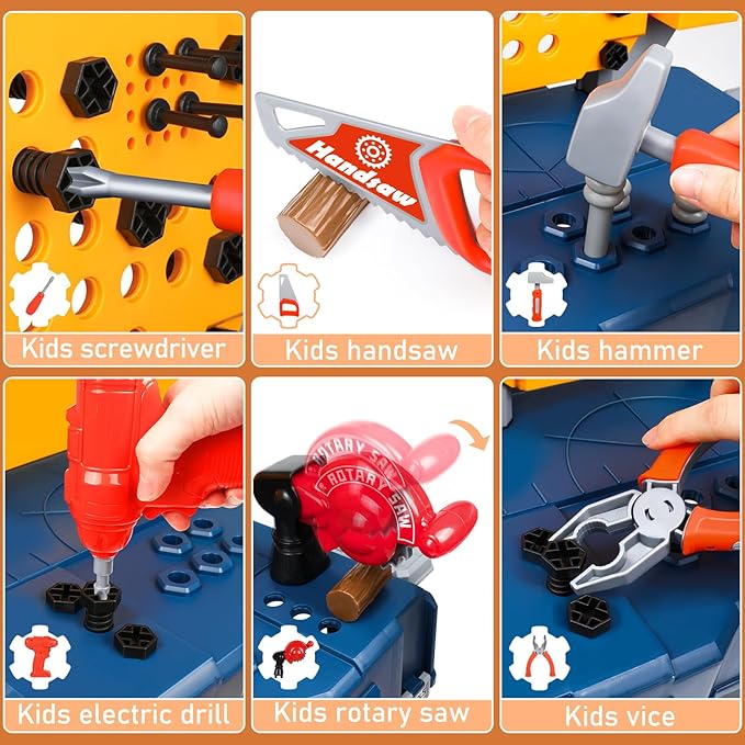 Kids Tool Set with Workbench Realistic Tool Pretend Play Toys for 3 4+Year Old Boy Toys Electric Drill Transformable Construction Learning Toy Work Bench Christmas Birthday Gift Toddler Girl Age 3-5