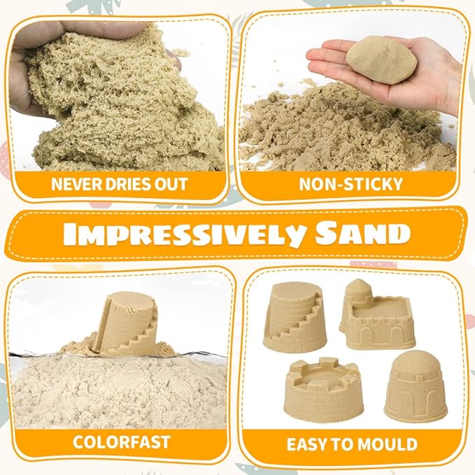 OENUX Play Sand Construction Set, Beach Building Castle Kit w/ 2.2lbs Play Sand, 4 Take Apart Construction Trucks Toys and Signs, Sensory Sandbox with Cover for Boy Girl Kid Toddlers Age 3-8