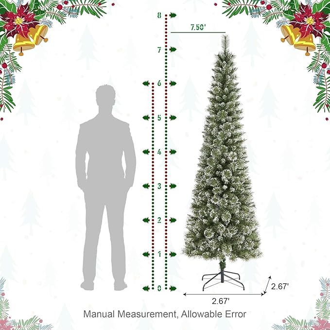 Glitzhome 7.5ft Prelit Christmas Tree, Artificial Christmas Tree, Hinged Pencil Christmas Trees Portland Cashmere Pine with 250 Warm White/Multi-Color Lights, 9 Function w/Remote Control