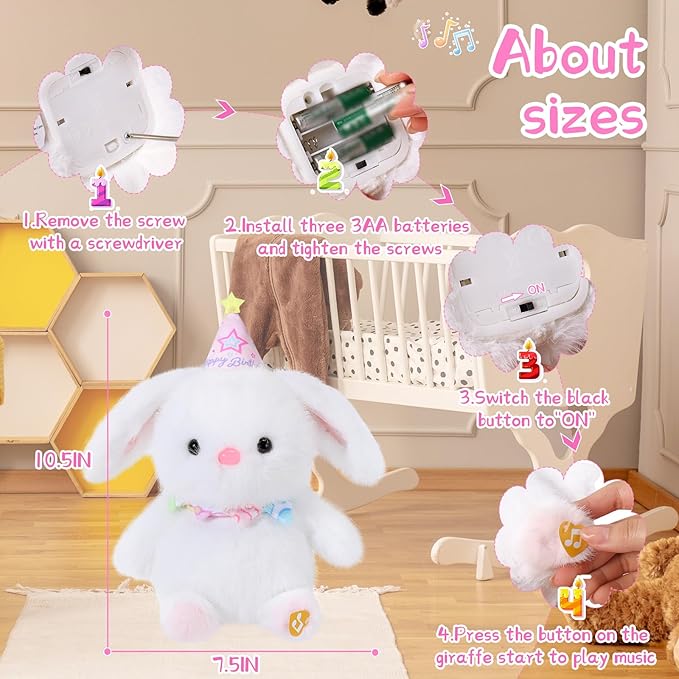 Birthday Bunny Plush Toy Clap Activated with Voice Recording Singing Dancing Interactive Stuffed Animal Gift for Toddler Kids Boys Girls